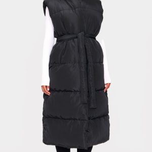 Black Quilted Longline Tie Waist Gilet