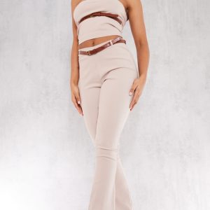 Stone Stretch Woven Belt Detail Flared Trousers