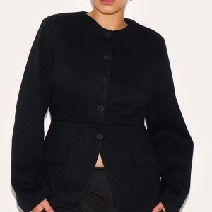 Plus Black Button Up Longline Collarless Blazer