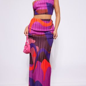 Pink Print Plisse Maxi Skirt