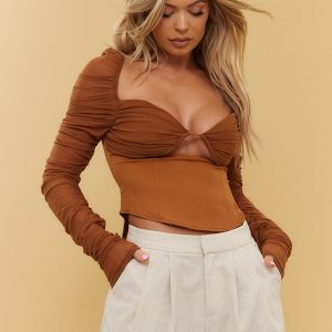 Caramel Mesh Cup Detail Ruched Sleeve Corset