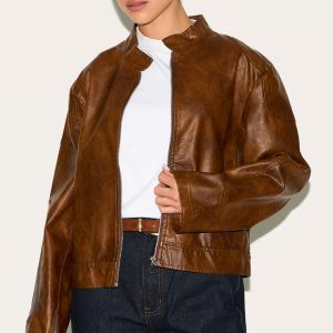 Chocolate Faux Leather Washed Boxy Biker Jacket