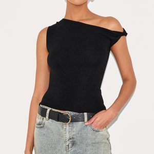 Black Fine Knit Twist Neck Vest Top - Black, XS