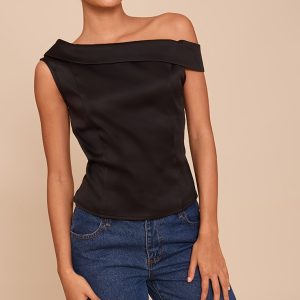 Black Asymmetric Fold Over Detail Top