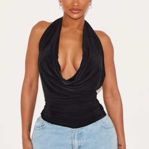 Shape Black Halter Cowl Neck Long Line Open Back Top