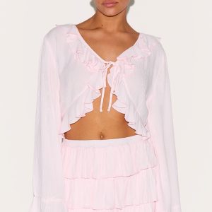 Petite Pink Cheesecloth Ruffle Tie Front Long Sleeve Top