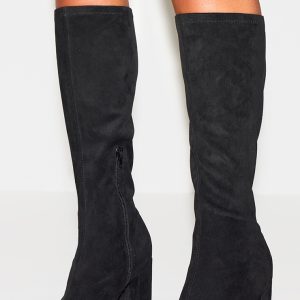 Black Faux Suede Round Toe High Block Heel Knee High Boots