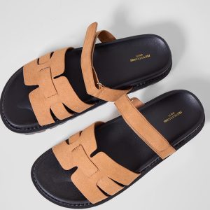 Beige Wide Fit Faux Suede Round Toe Velcro Strap Chunky Sandals