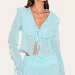 Aqua Chiffon Ruffle Tie Front Blouse