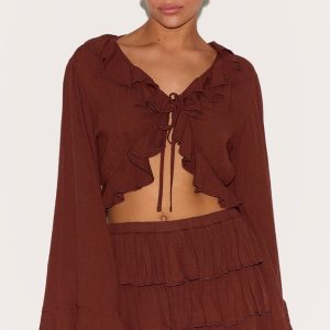 Petite Chocolate Cheesecloth Ruffle Tie Front Long Sleeve Top