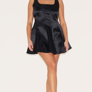 Plus Black Satin Square Neck Pleated Shift Dress