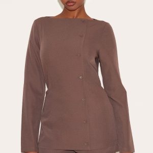 Chocolate Woven Boat Neck Button Tailored Skort Playsuit