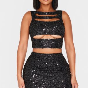 Shape Black Sequin Cut Out Top