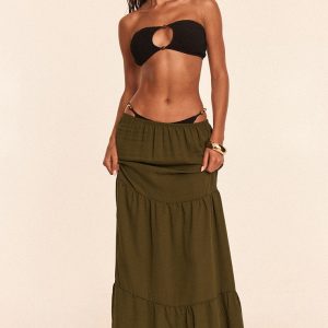 Khaki Linen Look Tiered Maxi Beach Skirt