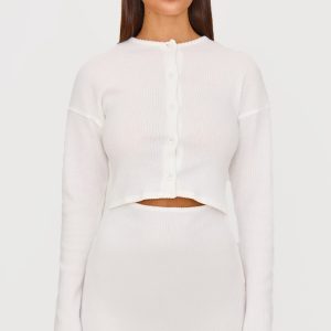 Cream Brushed Rib Button Detail Long Sleeve Bodycon Dress