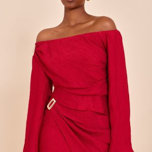 Tomato Red Textured Mid Rise Mini Skirt