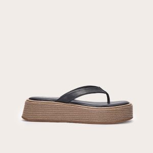 Black PU Toe Thong Round Toe Flatform Sandals