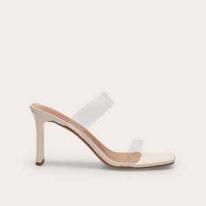 White Pu Square Toe Perspex Straps High Thin Block Heeled Mules