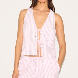 Pink Striped Sleeveless Tie Front Top