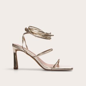 Gold Pu Square Toe Strappy Lace Up Mid Stiletto Heeled Sandals