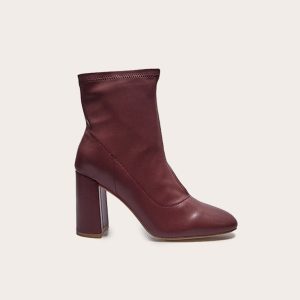 Burgundy Pu Round Toe Heeled Ankle Sock Boots