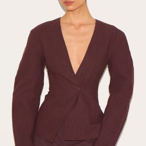 Tall Chocolate Premium Linen Look Tailored Cocoon Sleeve Cinched Blazer