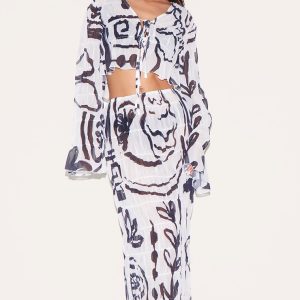 White Monochrome Chiffon Floral Maxi Beach Skirt