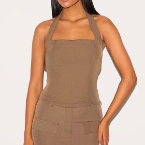 Tall Chocolate Tailored Woven Halterneck Top