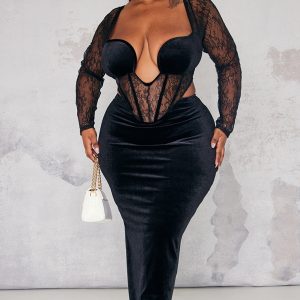 Plus Black Lace Detail Corset Velvet Midaxi Dress