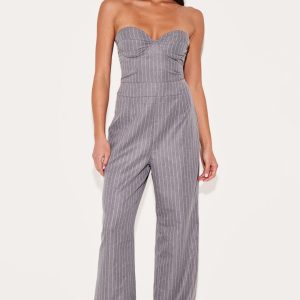 Grey Pinstripe Bandeau Corset Straight Leg Jumpsuit