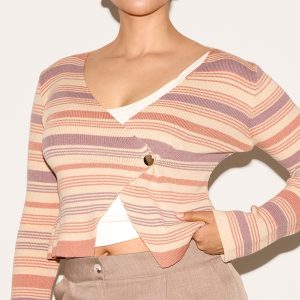 Shape Peach Knitted Striped Wrap Over Gold Button Cardigan