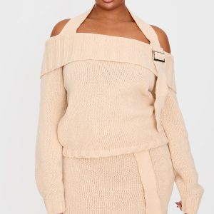 Plus Cream Knitted Fold Over Buckle Detail Jumper
