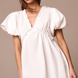 White Cotton Gathered A-line Dress