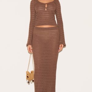 Mushroom Textured Mid Rise Maxi Skirt
