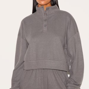 Tall Charcoal Brushed Button Up Sweatshirt