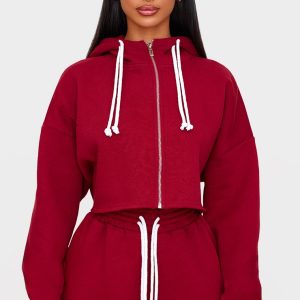 Petite Burgundy Drawstring Cropped Zip Up Hoodie