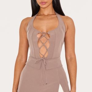 Petite Taupe Woven Lace Up Foldover Detail Mini Dress