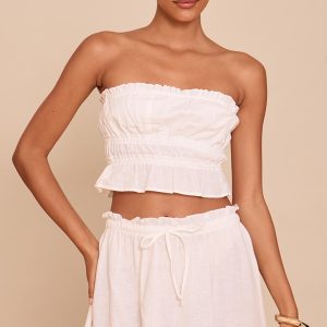 White Linen Look Shirred Bandeau Top