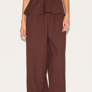 Brown Linen Look Floaty Wide Leg Trousers