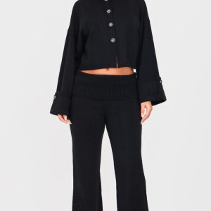 Petite Black Knitted Fold Over Flare Trousers
