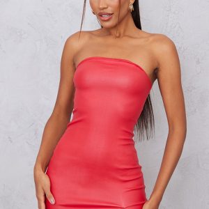 Red Split Hem Coated Denim Mini Dress