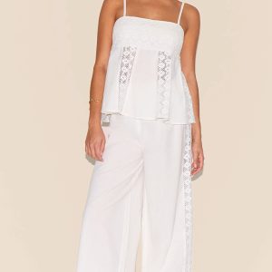 Petite White Linen Look Crochet Side Detail Wide Leg Trousers