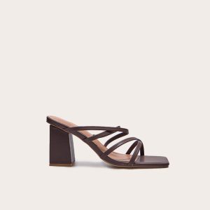 Brown PU Wide Fit Square Toe Strappy Block Heeled Mules