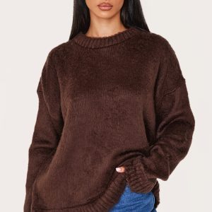 Petite Chocolate Fluffy Knit Oversized Jumper