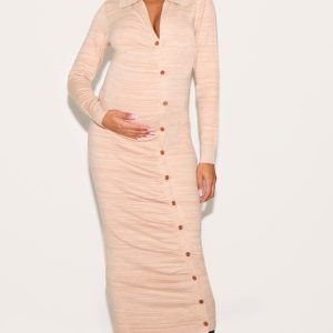 Maternity Stone Knitted Asymmetric Buttons Ruched Bump Midi Dress