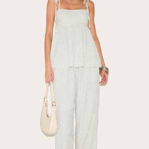 Sage Green Woven Textured Striped Straight Leg Trousers