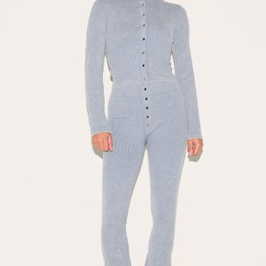 Petite Grey Marl Faded Contour Rib Button Detail Flared Leggings