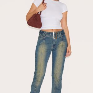 Indigo Vintage Wash Belted Seam Front Flare Jeans