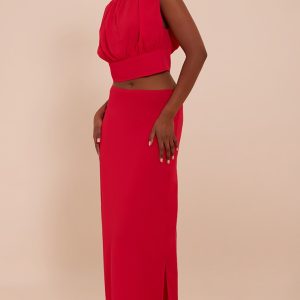 Tomato Red Chiffon Split Maxi Skirt