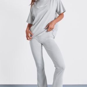 PRETTYLITTLETHING Pale Grey Printed Flared Trousers
